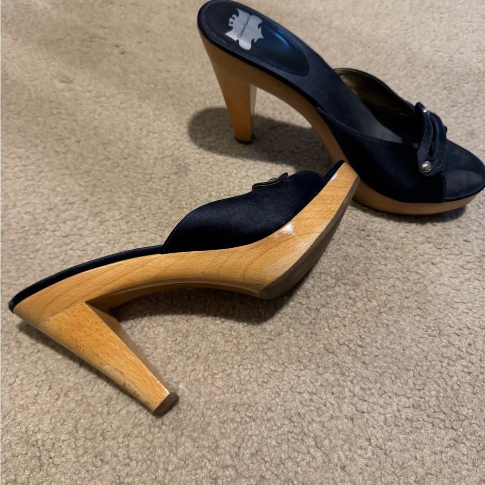 Christian Lacroix Navy Blue Satin Platform Mules with Wooden Heel - Picture 2 of 6